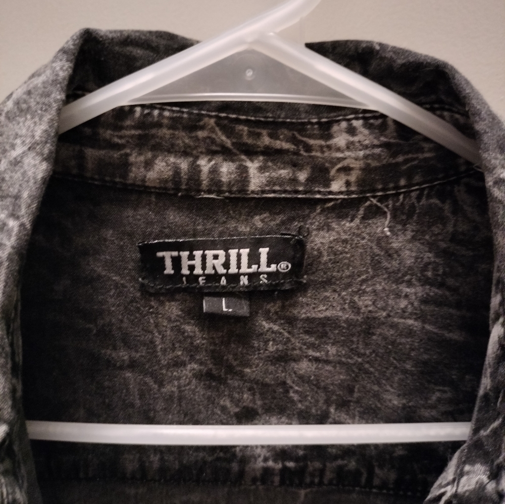 Thrill Deconstruct Long Denim Print Button Downov… - image 3